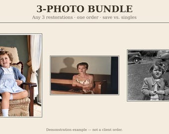 May include: A 3-photo bundle service display featuring the text 3-PHOTO BUNDLE and Any 3 restorations one order save vs. singles. It shows three distinct images: a child in a blue cardigan, a person in a floral dress, and a black and white photo.