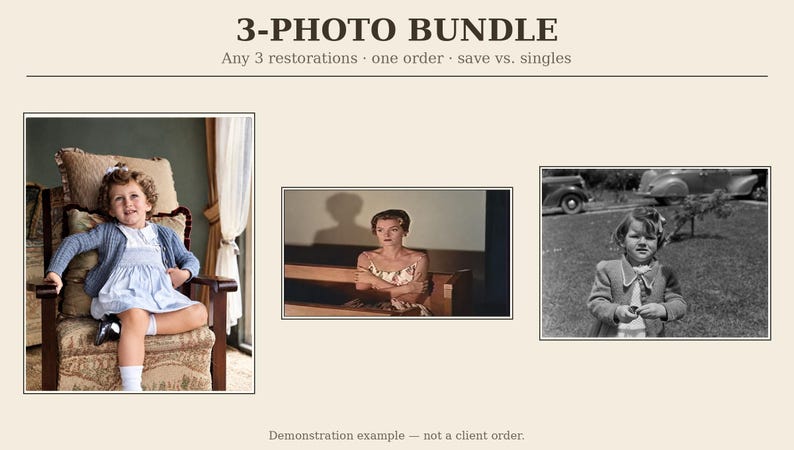 May include: A 3-photo bundle service display featuring the text 3-PHOTO BUNDLE and Any 3 restorations one order save vs. singles. It shows three distinct images: a child in a blue cardigan, a person in a floral dress, and a black and white photo.