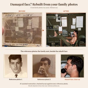 Before and after of a damaged Vietnam-era photo of a soldier at a field switchboard, with the face rebuilt from two family reference photos shown beside a close-up of the rebuilt face.