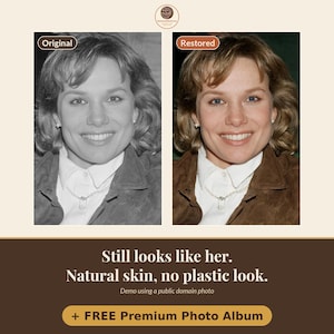 May include: A side-by-side comparison of a portrait showing an original black and white version and a color-restored version. The subject wears a white collared shirt and a necklace. Text reads: Still looks like her. Natural skin, no plastic look.