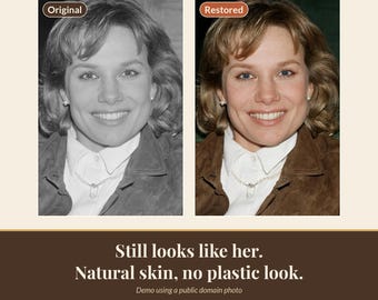 May include: A side-by-side comparison of a portrait showing an original black and white version and a color-restored version. The subject wears a white collared shirt and a necklace. Text reads: Still looks like her. Natural skin, no plastic look.