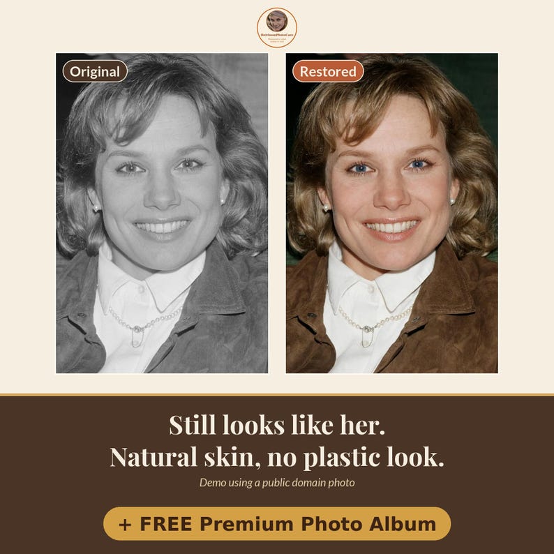 May include: A side-by-side comparison of a portrait showing an original black and white version and a color-restored version. The subject wears a white collared shirt and a necklace. Text reads: Still looks like her. Natural skin, no plastic look.