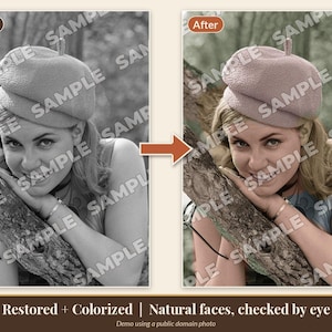 May include: A side-by-side comparison of a black-and-white photograph and a colorized version of the same image. The image features a person wearing a beret, leaning against a tree trunk. The text reads Before, After, and Restored + Colorized.