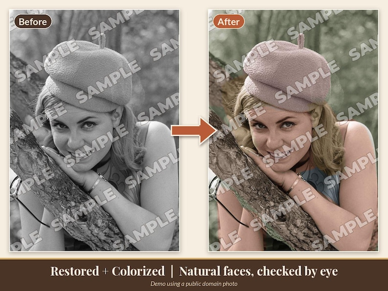 May include: A side-by-side comparison of a black-and-white photograph and a colorized version of the same image. The image features a person wearing a beret, leaning against a tree trunk. The text reads Before, After, and Restored + Colorized.
