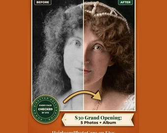 May include: A split-screen comparison showing a black and white portrait on the left labeled BEFORE and a colorized version on the right labeled AFTER. The text reads Restore Old Photos, EVERY FACE CHECKED BY EYE, and HeirloomPhotoCare on Etsy.