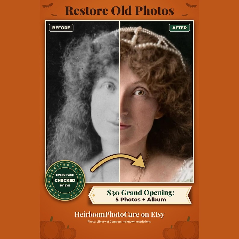 May include: A split-screen comparison showing a black and white portrait on the left labeled BEFORE and a colorized version on the right labeled AFTER. The text reads Restore Old Photos, EVERY FACE CHECKED BY EYE, and HeirloomPhotoCare on Etsy.