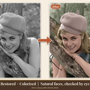 May include: A side-by-side comparison showing a black and white photograph and a colorized version of a person wearing a beret with a small top knot, leaning against a tree branch. Text reads: Restored + Colorized | Natural faces, checked by eye.