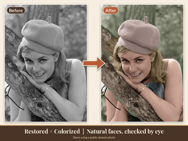 May include: A side-by-side comparison showing a black and white photograph and a colorized version of a person wearing a beret with a small top knot, leaning against a tree branch. Text reads: Restored + Colorized | Natural faces, checked by eye.