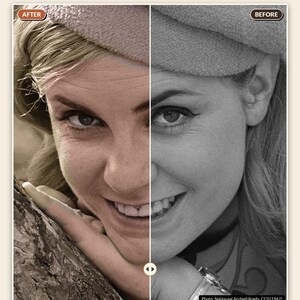 May include: A split-screen comparison of a woman's face, with the left side in color and the right side in black and white. Text reads: Grandma at 20. Still looks like her. Natural skin. No plastic look. Every face checked by eye. Photo: Nationaal Archief/Anefo, CCO (1967).