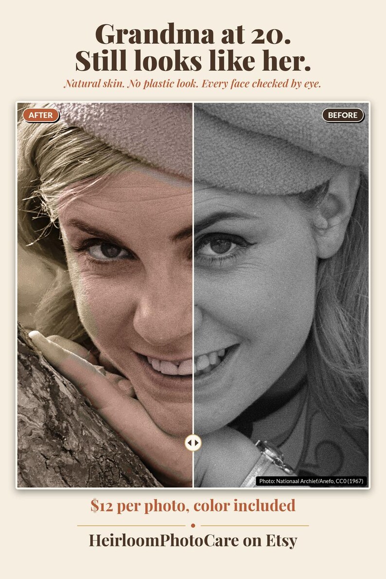 May include: A split-screen comparison of a woman's face, with the left side in color and the right side in black and white. Text reads: Grandma at 20. Still looks like her. Natural skin. No plastic look. Every face checked by eye. Photo: Nationaal Archief/Anefo, CCO (1967).