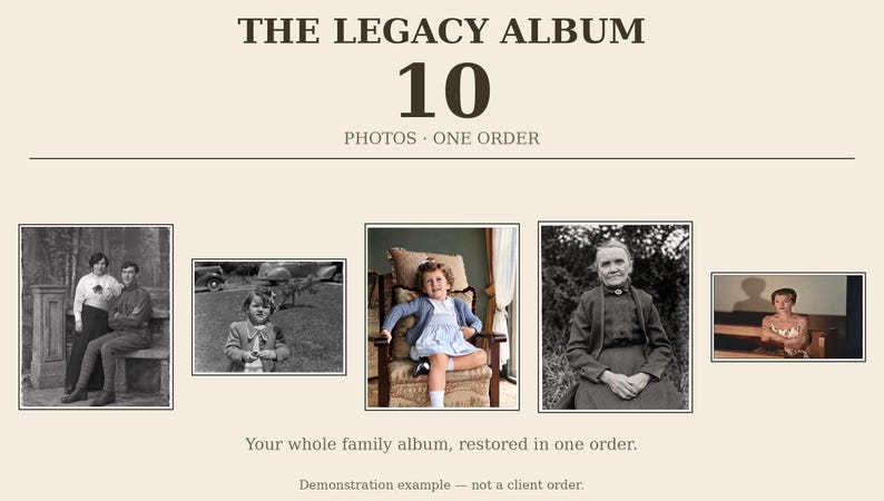 May include: The Legacy Album 10 photos one order service features a collection of five framed photographs, including black and white portraits of individuals and a color image of a child, with the text Your whole family album, restored in one order.