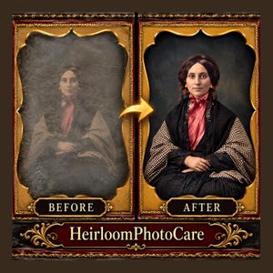 May include: A side-by-side comparison of a portrait featuring a person in a black and white patterned shawl and pink necktie. The left side shows a faded, aged version labeled BEFORE, and the right side shows a restored, vibrant version labeled AFTER.