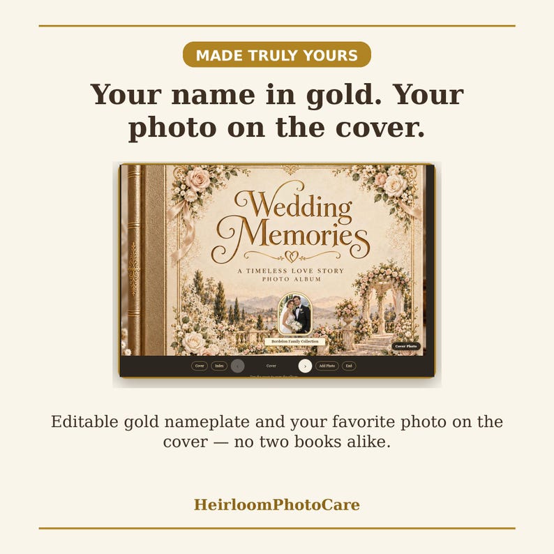May include: A photo album with a cream-colored cover featuring floral illustrations, the text Wedding Memories, A Timeless Love Story, and a central photo of a couple. The cover includes an editable gold nameplate and a customizable photo area.