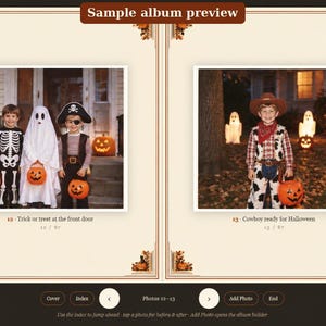 May include: A digital sample album preview page featuring two photographs. The left photo shows three children in Halloween costumes with pumpkins. The right photo shows a child in a cowboy costume. Text includes Sample album preview.