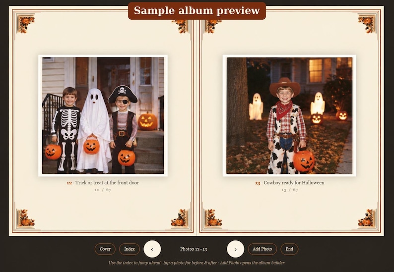 May include: A digital sample album preview page featuring two photographs. The left photo shows three children in Halloween costumes with pumpkins. The right photo shows a child in a cowboy costume. Text includes Sample album preview.