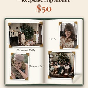 May include: A green-covered photo album containing four vintage photographs with gold corner mounts. The pages display images labeled Christmas 1920s, 1970, and Summer 1967. Text at the top reads FAMILY PHOTO ALBUM, 10 Restored Photos + Keepsake Flip Album.