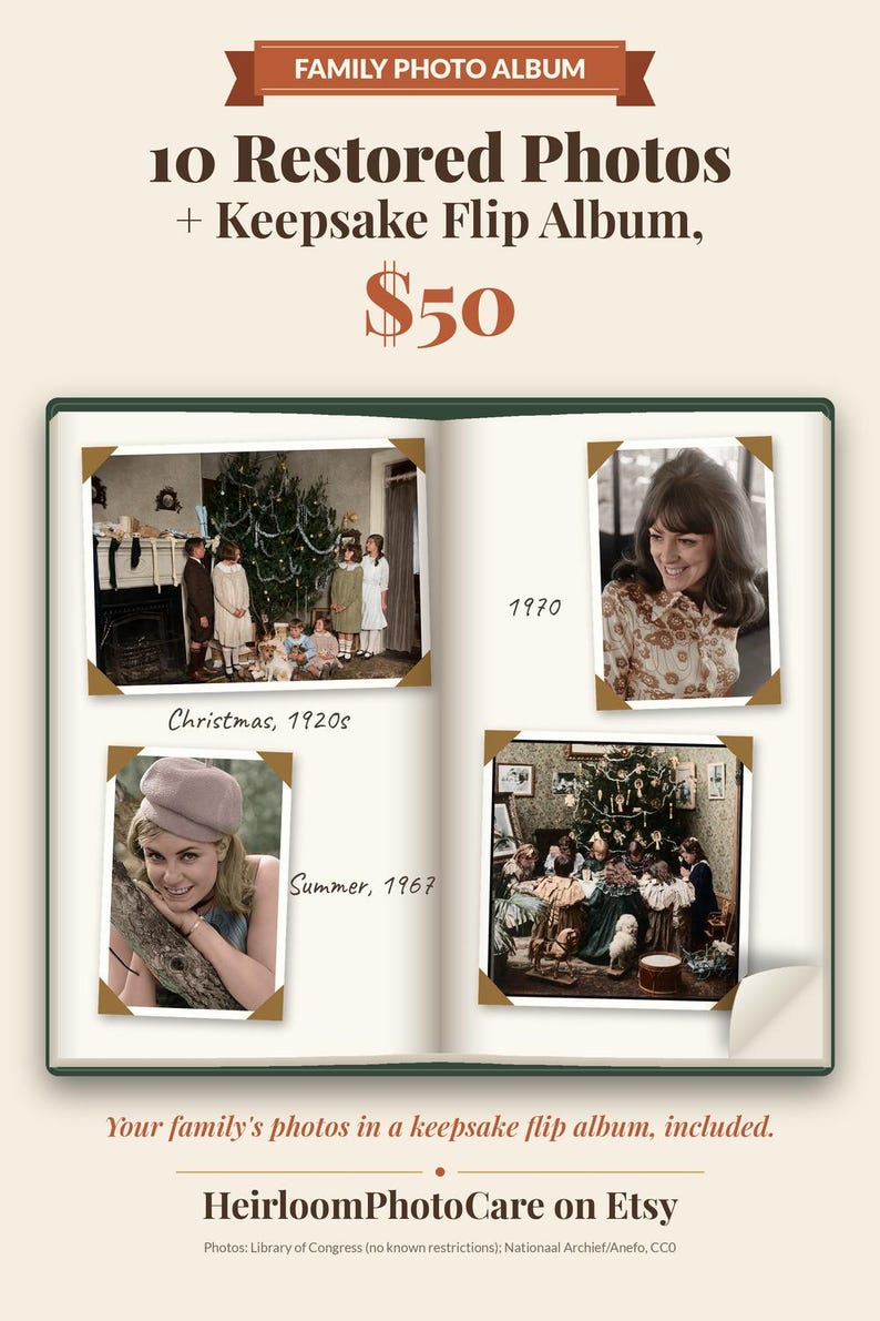 May include: A green-covered photo album containing four vintage photographs with gold corner mounts. The pages display images labeled Christmas 1920s, 1970, and Summer 1967. Text at the top reads FAMILY PHOTO ALBUM, 10 Restored Photos + Keepsake Flip Album.