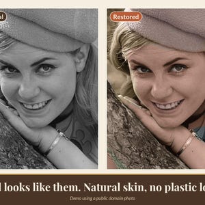 May include: A side-by-side comparison of a black and white photograph and a color-restored version showing a smiling individual wearing a beret, leaning against a tree trunk, with the text Still looks like them. Natural skin, no plastic look.