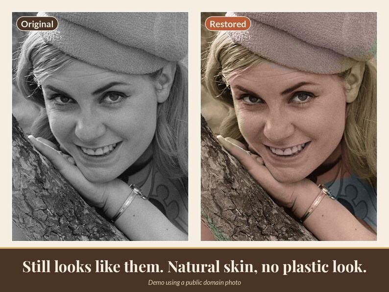 May include: A side-by-side comparison of a black and white photograph and a color-restored version showing a smiling individual wearing a beret, leaning against a tree trunk, with the text Still looks like them. Natural skin, no plastic look.