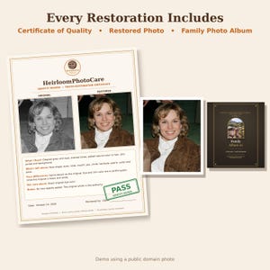May include: A document titled HeirloomPhotoCare Identity Review and Photo Restoration Certificate featuring original and restored photos of a person, a separate restored photo, and a dark brown Family Album #1 book cover.