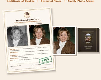 May include: A document titled HeirloomPhotoCare Identity Review and Photo Restoration Certificate featuring original and restored photos of a person, a separate restored photo, and a dark brown Family Album #1 book cover.