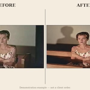 May include: A split-screen comparison labeled BEFORE and AFTER showing a person with short brown hair wearing a white floral print dress with thin straps, sitting on a wooden bench with arms crossed, with the text Demonstration example &mdash; not a client order.