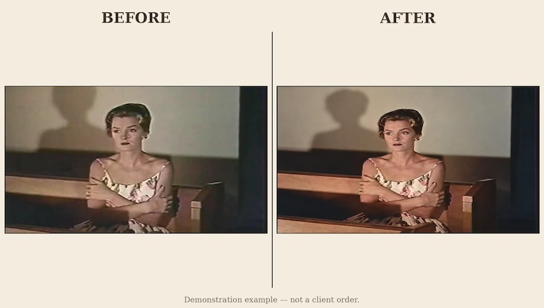 May include: A split-screen comparison labeled BEFORE and AFTER showing a person with short brown hair wearing a white floral print dress with thin straps, sitting on a wooden bench with arms crossed, with the text Demonstration example &mdash; not a client order.