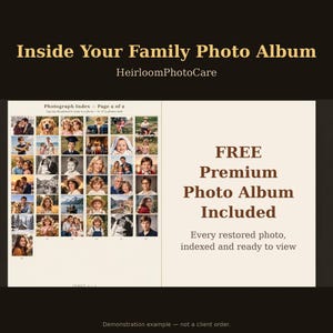 May include: A digital display titled Inside Your Family Photo Album by HeirloomPhotoCare, featuring a Photograph Index page with a grid of small family portraits and the text FREE Premium Photo Album Included, Every restored photo, indexed and ready to view.