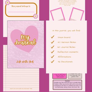 May include: A pink journal with the words "My Journal" in gold script, a heart design, and the phrase "Life with God." The journal includes a vision board, sermon notes, journal notes, reflection moments, affirmations, and devotionals. The cover reads "This journal belongs to."