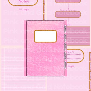 Pode incluir: Caderno rosa e dourado com as palavras "Meeting Notes" e "20 pages". O caderno tem uma borda dourada e um retângulo branco no centro. O caderno foi projetado para fazer anotações.