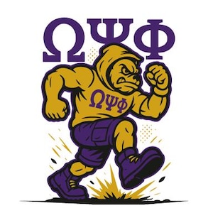 May include: A cartoon illustration of a muscular bulldog wearing a gold hoodie and purple shorts, running forward. The bulldog has an angry expression and the Greek letters "ΩΨΦ" are on the hoodie. Above the bulldog are the Greek letters "ΩΨΦ" in purple.