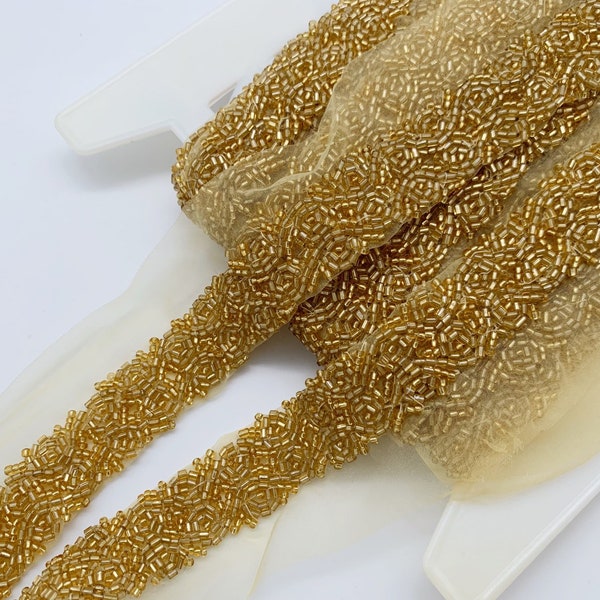 Hand Sewn Golden Beaded  Trim, Antique Gold Hand Embroidered Trim, large stock available, Price by Yard