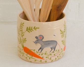 Handpainted ceramic utensil holder, Utensil crock with mouse, Kitchen utensil holder, Ceramic jar, Spoon holder, Beige ceramic planter, Gift