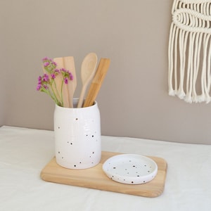 Utensil holder and spoon rest, Set of 2, Utensil crock, Kitchen utensil holder, Utensil jar, Ceramic utensil holder, Tea bag holder