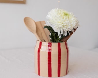 Large striped ceramic kitchen utensil holder, Utensil crock, Cherry red & beige pottery utensil holder, Burgundy spoon holder, Wedding gift