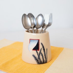 Christmas gift ceramic utensil holder, Utensil crock, Beige spoon holder, Paint brush holder, Thanksgiving gift for mom, Housewarming gift