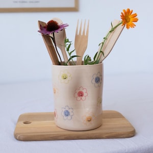 Ceramic kitchen utensil holder with flowers, Utensil crock, Funny colorful utensil holder, Handmade ceramic vase, Spoon holder New home gift