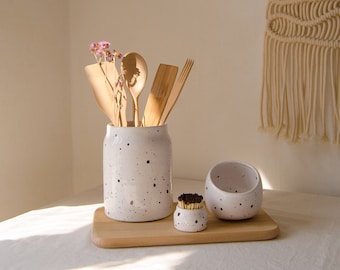 Utensil holder, salt cellar and match striker, Set of 3, Ceramic utensil holder, Utensil crock, Kitchen utensil holder, Ceramic vase