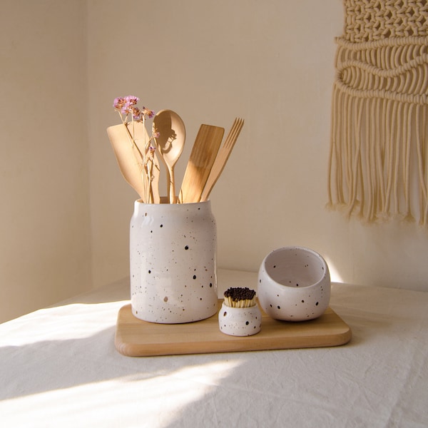 Utensil holder, salt cellar and match striker, Set of 3, Ceramic utensil holder, Utensil crock, Kitchen utensil holder, Ceramic vase, Gift