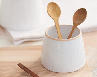 Utensil holder, Ceramic utensil holder, Utensil crock, Kitchen utensil holder, White spoon holder, Salt cellar, Pottery sugar bowl