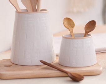 Set di 2 portautensili, Portautensili in ceramica, Coccio per utensili, Portautensili da cucina, Portacucchiaio, Contenitori da cucina, Barattolo in ceramica