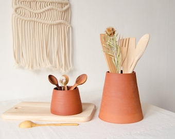 Set of 2 utensil holders, Ceramic utensil holder, Utensil crock, Kitchen utensil holder, Terracotta vase, Spoon holder, Kitchen canisters