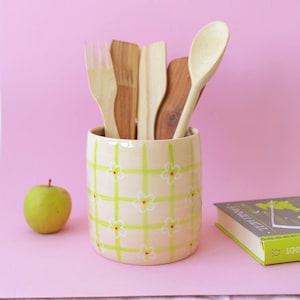 Ceramic kitchen utensil holder with flowers, Checkered utensil crock, Housewarming gift, Modern ceramic vase, Home decor, Utensil jar pot