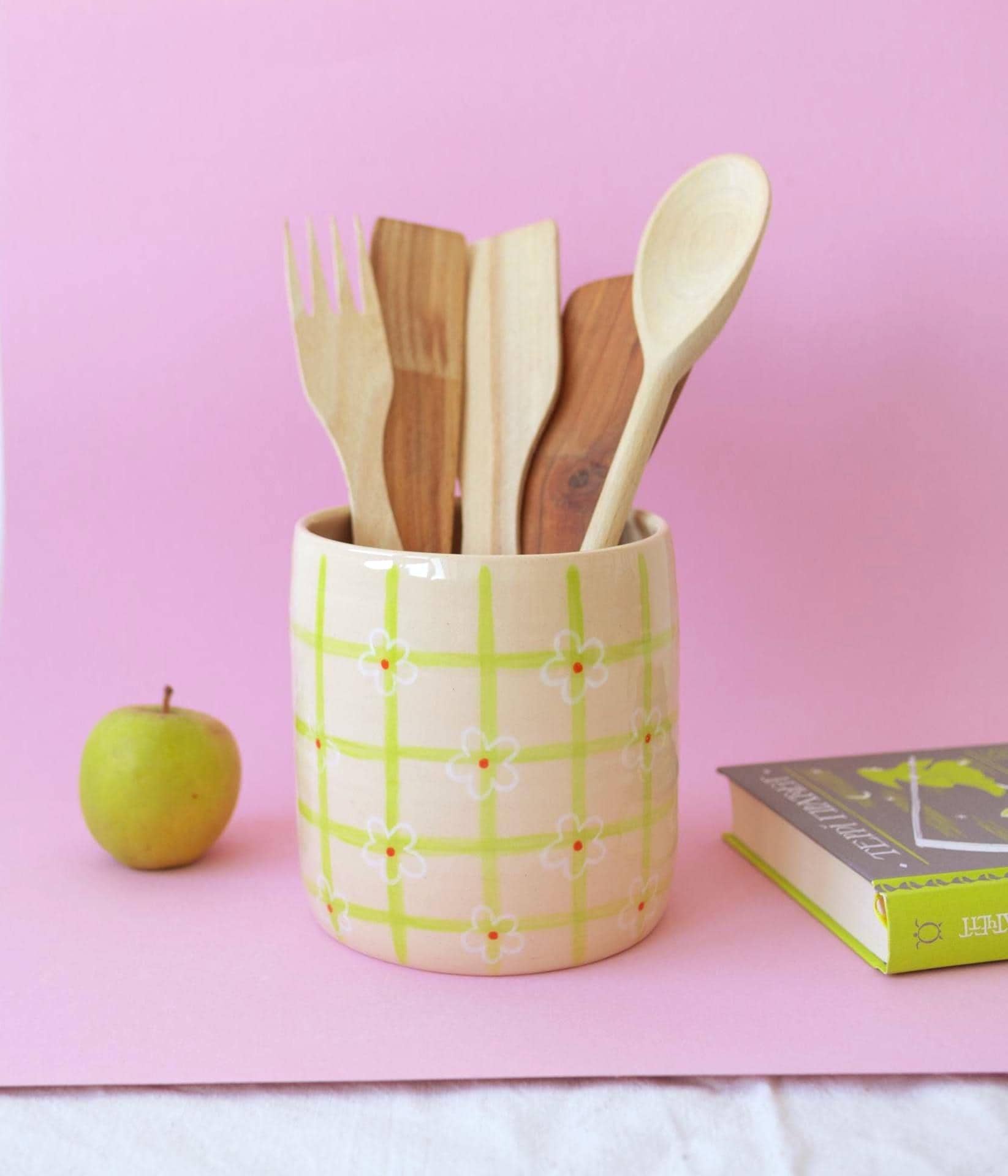 Ceramic kitchen utensil holder with flowers, Checkered utensil crock, Housewarming gift, Modern ceramic vase, Home decor, Utensil jar pot