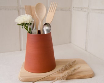 Ceramic kitchen utensil holder, Terracotta spoon holder, Utensil crock, Pottery vase handmade, Ceramic jar, Kitchen canister, Ceramic vase