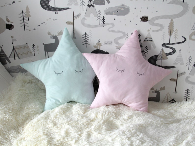 Kids Baby Room Pillow Decor Star Shaped Pillow Pink Mint Soft Decorative Pillow Star Nursery Decor Star Cushion