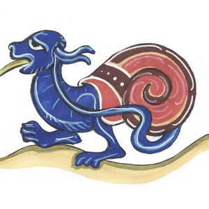 May include: A colourful illustration of a blue creature with a snail-like shell, in a medieval style. The creature has a long tongue and is set against a white background. The shell is red and brown.