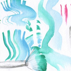 May include: Abstract watercolor painting with blue, teal, and pink brushstrokes on white paper. The image features a fan-shaped brush and various fluid shapes, creating a dynamic and artistic composition. The artwork evokes a sense of movement and fluidity.