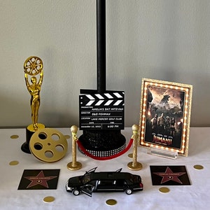 HOLLYWOOD Sunset Blvd LA Centerpiece ~ LED Lit Street Sign Lamp Post ~ Award Trophy, Clapboard, Movie Reel, Limo, Red Carpet Stanchions