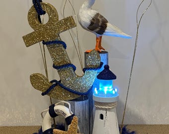 NEW Deluxe NAUTICAL Coastal Centerpiece Party Decoration ~Anchor, Lighthouse, Sailboat, Seagull, LifeBuoy, Starfish, Feather Boa & Glitter